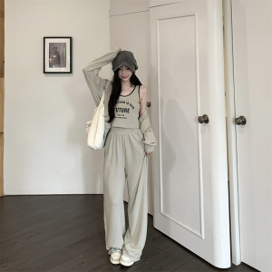 大码胖MM运动宽松显瘦上衣休闲长裤子2023秋季新款背心三件套装女