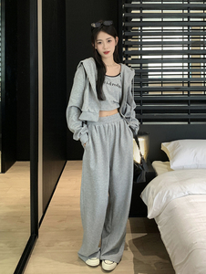 大码女装拉链卫衣可盐可甜炸街背心女春夏休闲运动宽松长裤三件套