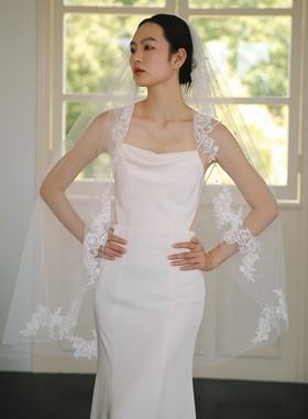 珍珠婚礼新娘蕾丝头纱yesdress