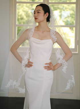珍珠婚礼新娘蕾丝头纱yesdress