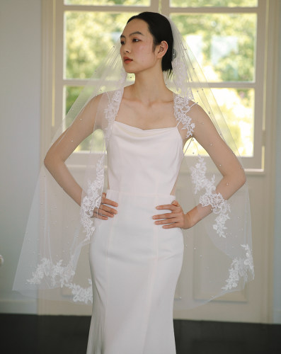 珍珠婚礼新娘蕾丝头纱yesdress