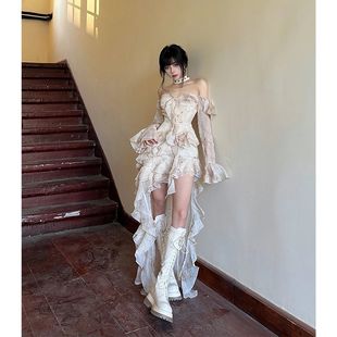 荷叶边设计感露背气质名媛风抹胸连衣裙女夏季 甜辣妹拖尾短裙 法式