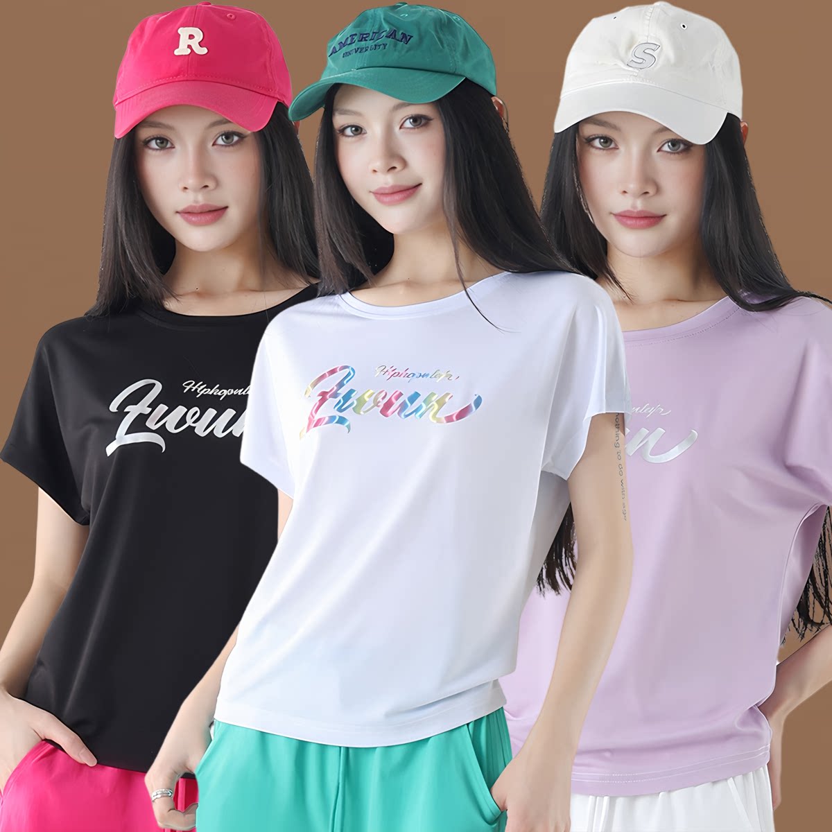 夏季彩色字母印花速干短袖女宽松显瘦广场舞健身操运动百搭上衣