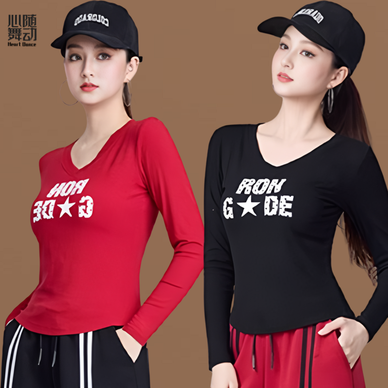 2025春秋新款运动印花字母T恤鬼步舞健身操跳操服长袖T恤大码修身