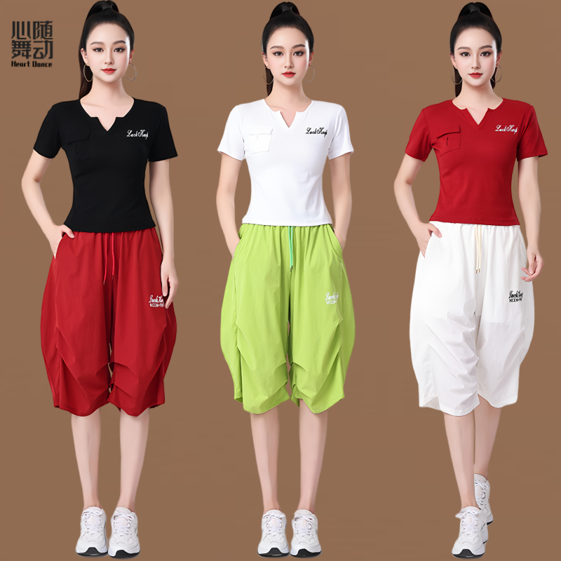 杨丽萍广场舞运动套装女款跑步曳步舞短袖工装裤短裤跳舞健身操服