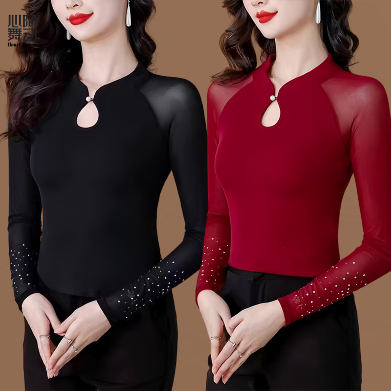 服装女士长袖舞蹈纱衣立领烫钻袖透气跳舞服广场舞上衣跳舞衣服