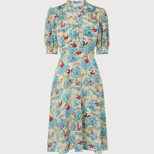 原单法式 飞鸟印花真丝双绉桑蚕丝蝴蝶结收腰显瘦连衣裙 名媛泡泡袖