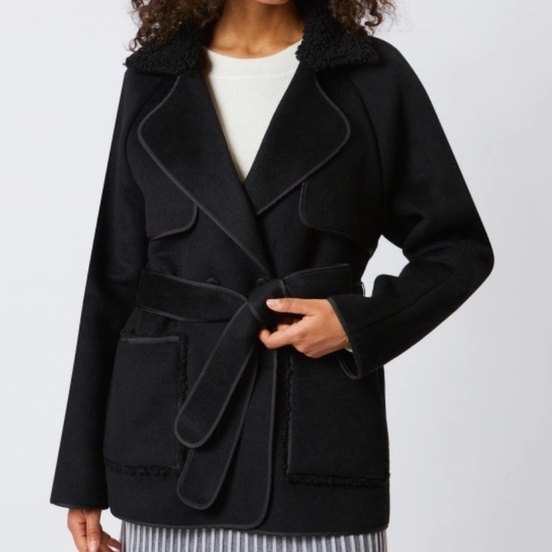 双面羊毛呢翻毛领腰带双排扣外套