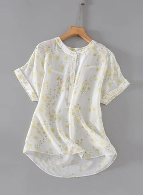 清新凉爽感觉 100真丝桑蚕丝双绉黄色碎花圆领半开门襟短袖衬衫女