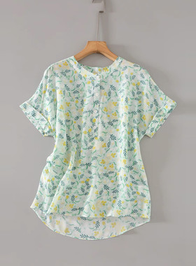 清新凉爽感觉 100真丝桑蚕丝双绉绿色碎花圆领半开门襟短袖衬衫女