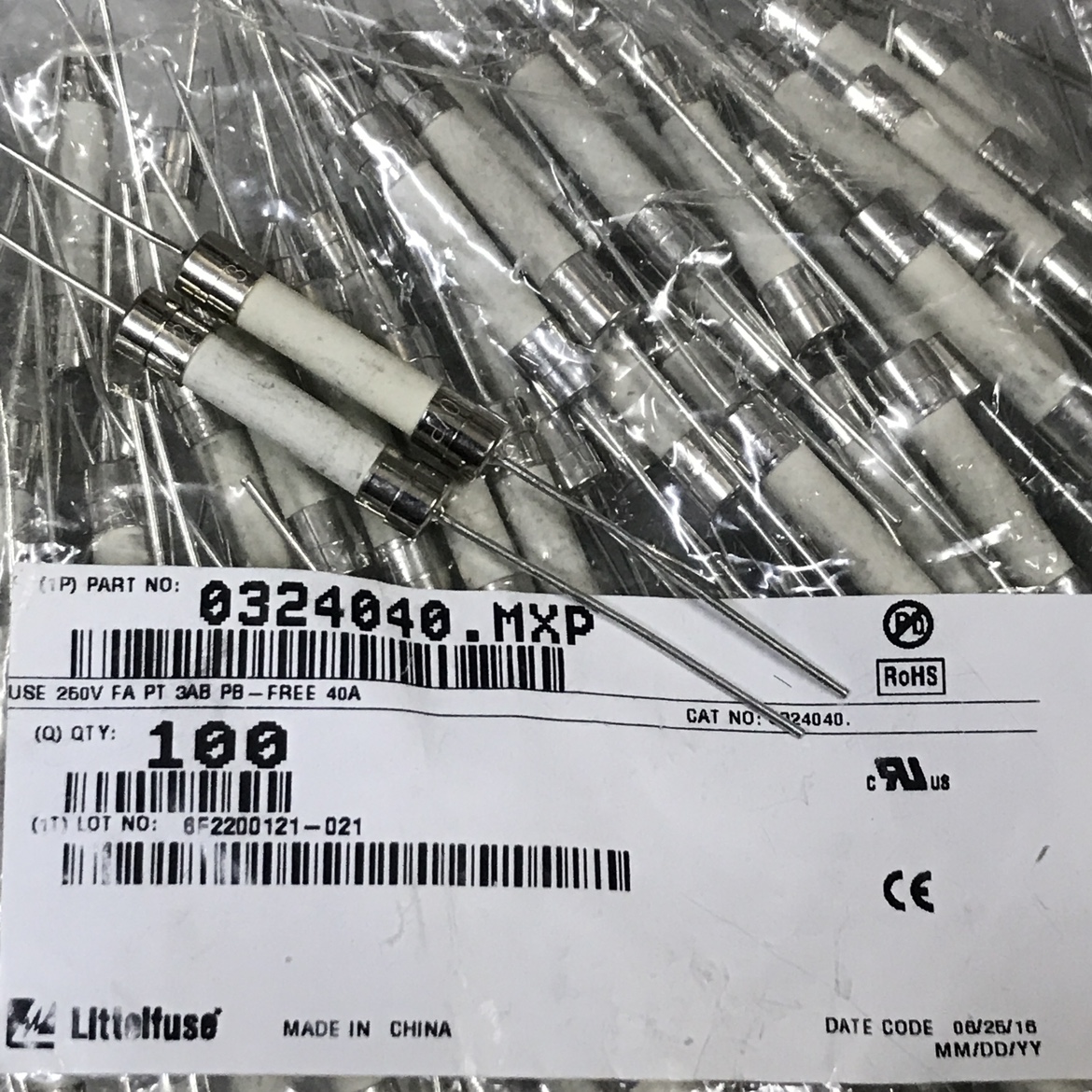 0324040.MXP进口陶瓷保险丝管6X32 F40A 40A 250V带引线CQ台产ABP