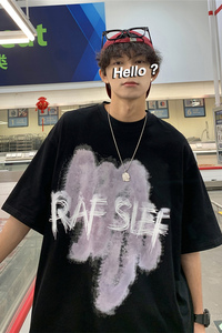 wassup happy美式涂鸦短袖t恤男夏季潮流oversize宽松休闲五分袖图片