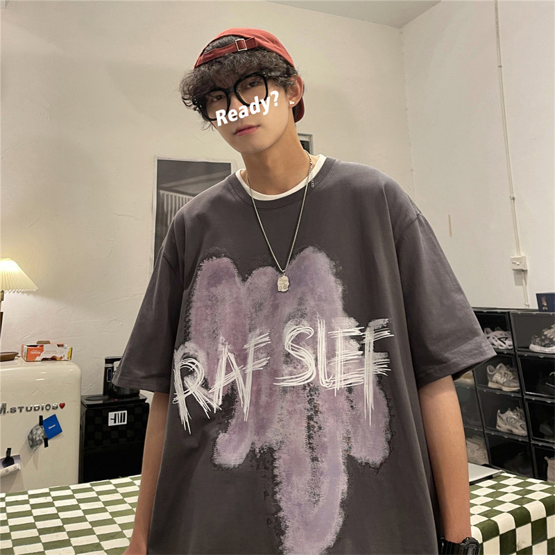 wassuphappy美式涂鸦短袖t恤男夏季潮流oversize宽松休闲五分袖,男装T恤,电商C409