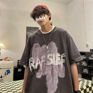 wassup happy美式涂鸦短袖t恤男夏季潮流oversize宽松休闲五分袖图片