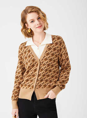 雅格上美 秋冬新款女士提花时尚宽松外搭V领针织开衫 A24DF21J21