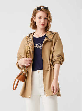 雅格上美 秋冬新款女士收腰风衣连帽宽松显瘦通勤外套 A24QF33J13