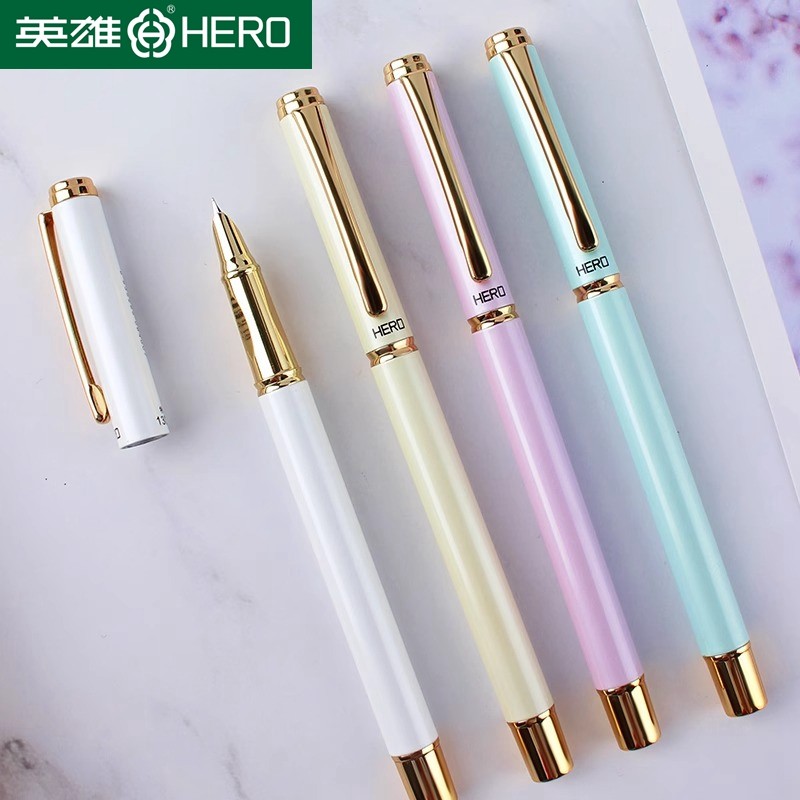 HERO英雄钢笔1302D金属学生用练字用墨囊墨水特细免费刻字三年级女孩初学者暗尖钢笔