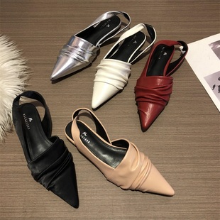 女鞋 2025春季 软皮舒适平跟浅口单鞋 褶皱面尖头平底包头凉鞋 子 新款