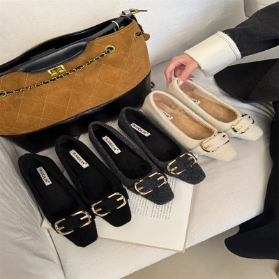 金属扣方头平底单鞋女浅口玛丽珍鞋绒面一脚蹬通勤鞋奶奶鞋秋冬款