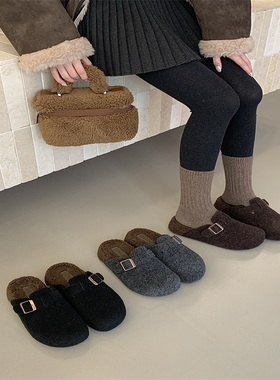 森系复古灰色加绒勃肯单鞋女2025年秋冬新款复古一脚蹬包头半拖鞋