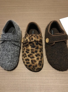 灰色毛毛鞋女冬外穿新款加绒保暖棉鞋豆豆鞋软平底呢子单鞋勃肯鞋