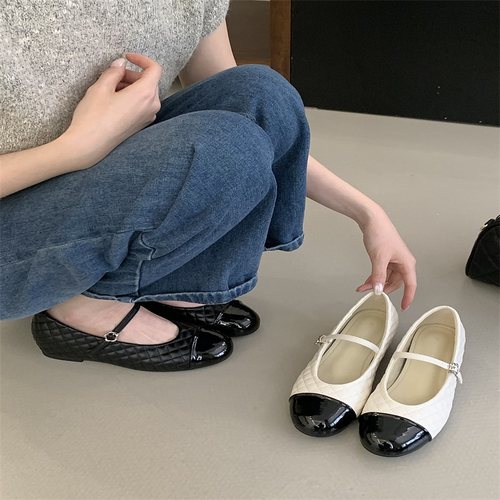 法式复古仙女风拼色浅口玛丽珍鞋女圆头一字带漆皮平底单鞋小皮鞋