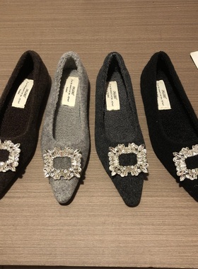 2025法式尖头水钻灰色单鞋女秋冬季棉鞋毛毛鞋