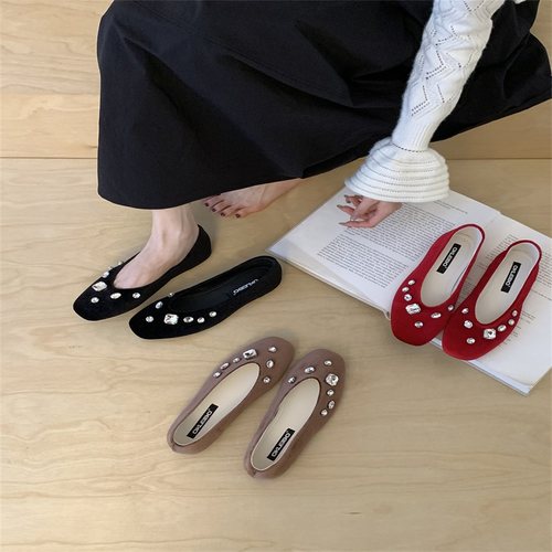 水钻平底单鞋女浅口2025秋季新款绒面方头气质脚蹬懒人鞋