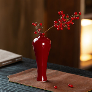 中式 禅意陶瓷红色花瓶景德镇复古侘寂插花小花器桌面水培摆件饰品