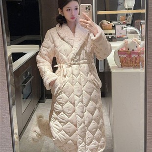 睡袍套装 睡衣女冬长袖 纯色保暖三层夹棉加绒中国风小雏菊长裤