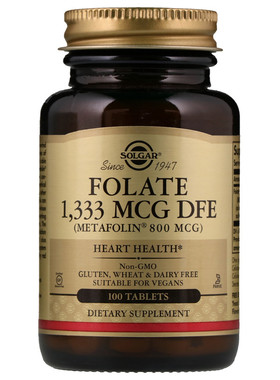 美国Solgar Folate Metafolin 800微克100片甲基盐高活性叶酸