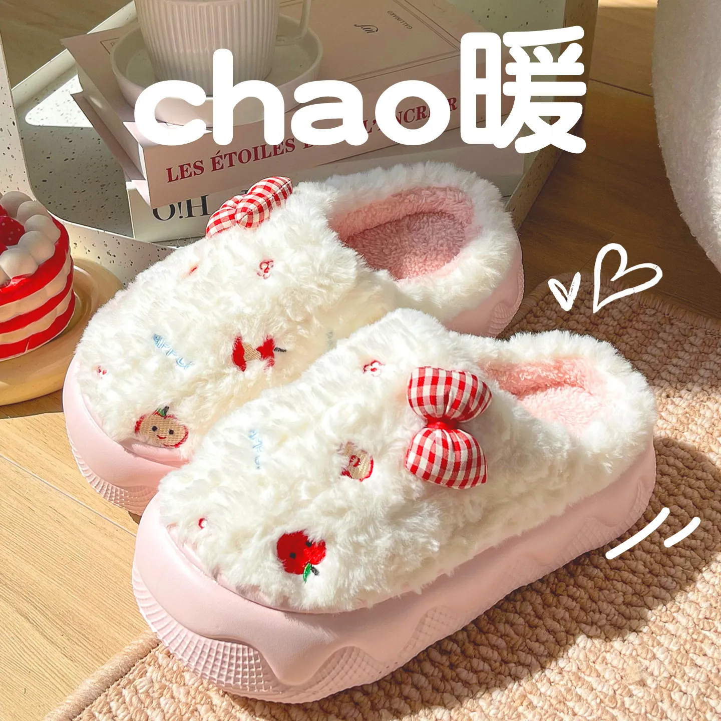 厚底蝴蝶结棉拖鞋女冬季2025新款室内居家防滑可爱保暖毛毛绒拖鞋