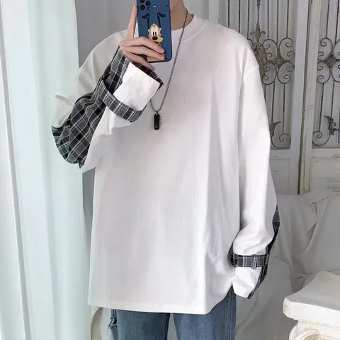 网红古着卫衣男装黑暗系轻奢T恤设计感小众潮上衣男圆领长袖炸街