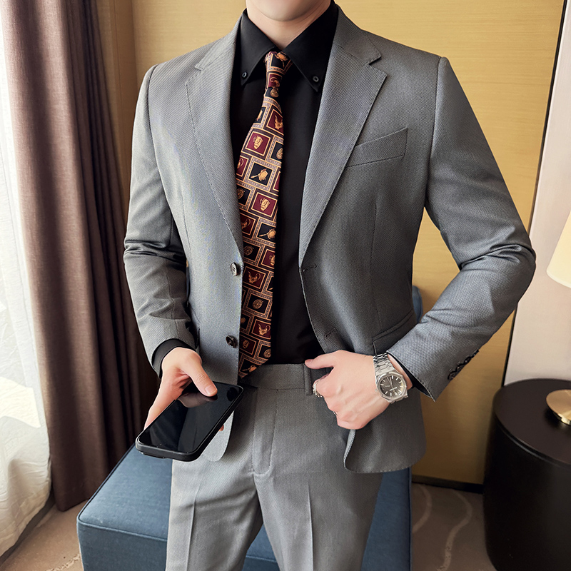雷蒙熟男意式高定工夏季薄款鸟眼纹伴郎新郎结婚礼服西服两件套装