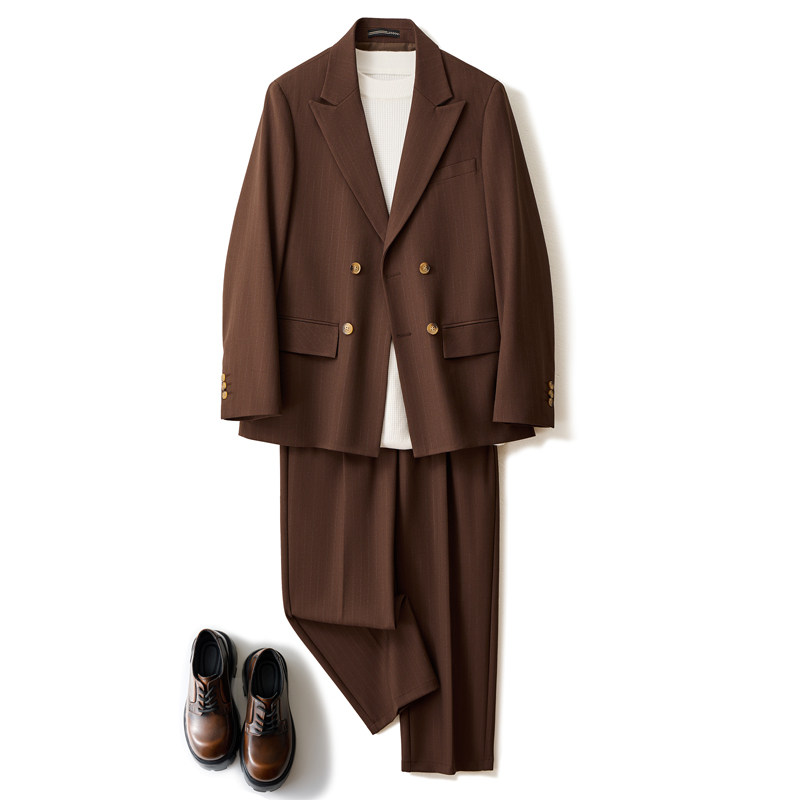 雷蒙高级感微阔版型条纹痞帅西装外套男订婚礼服结婚西服两件套装