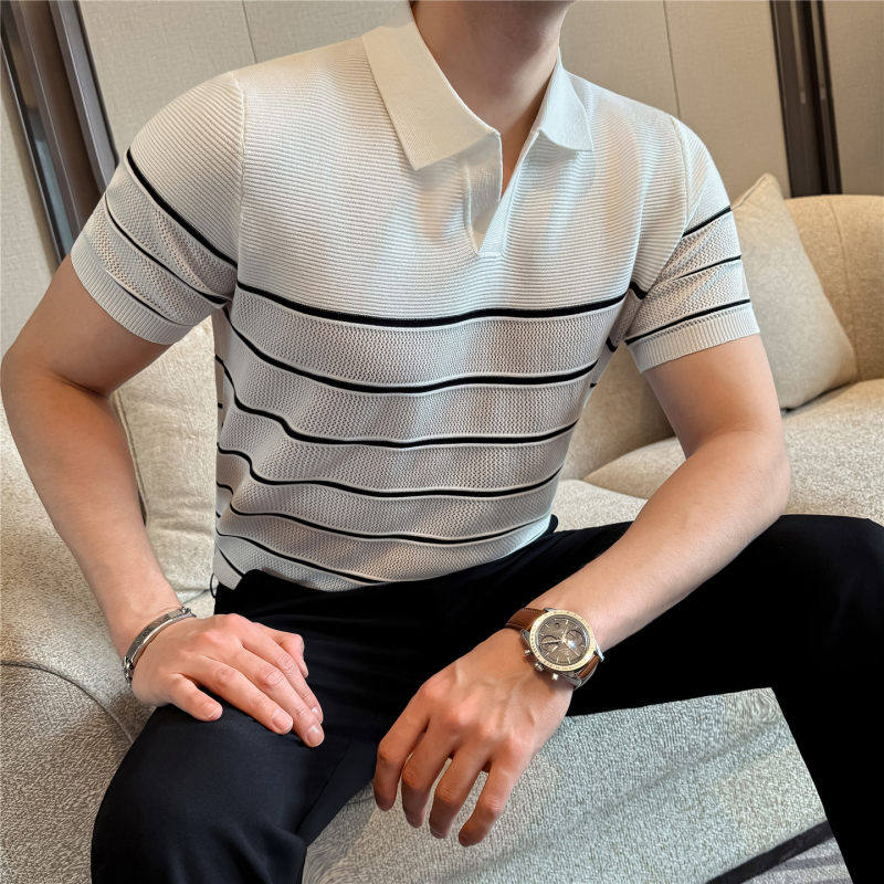雷蒙轻奢夏季绅士轻熟V领条纹撞色针织polo短袖男休闲百搭半袖T恤