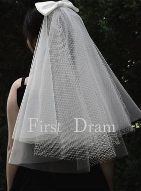 FisrtDream新品拍照复古新娘头饰结婚礼轻婚纱白大蝴蝶结网纱头纱