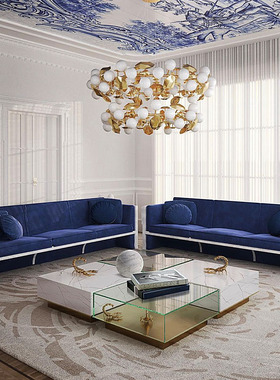 Bocadolobo现代轻奢大理石钢化玻璃组合茶几别墅酒店创意方形茶桌