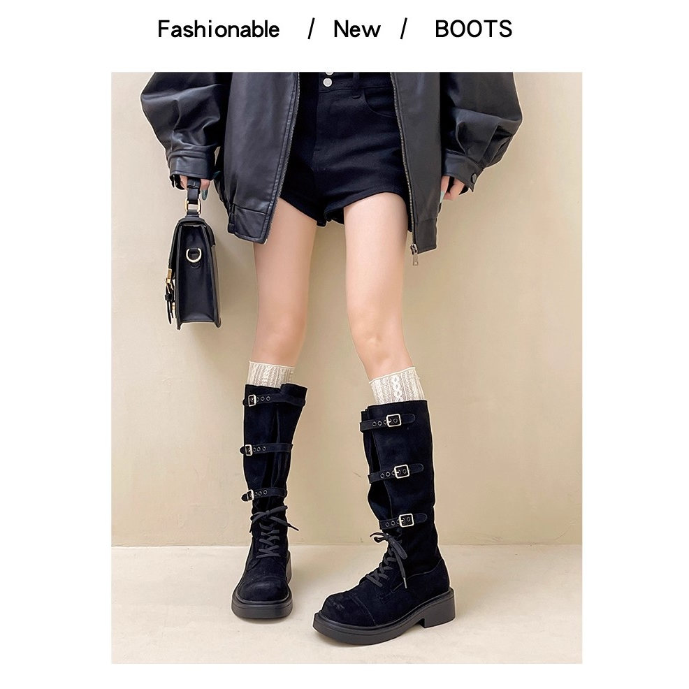 皮带扣系带粗跟长靴废土风擦色长筒靴女做旧磨砂软皮英伦风高筒靴