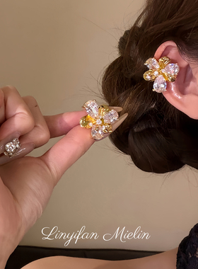 【Mielin】璀璨花怡 满钻金色花朵耳骨夹轻奢高级感耳夹精灵耳饰