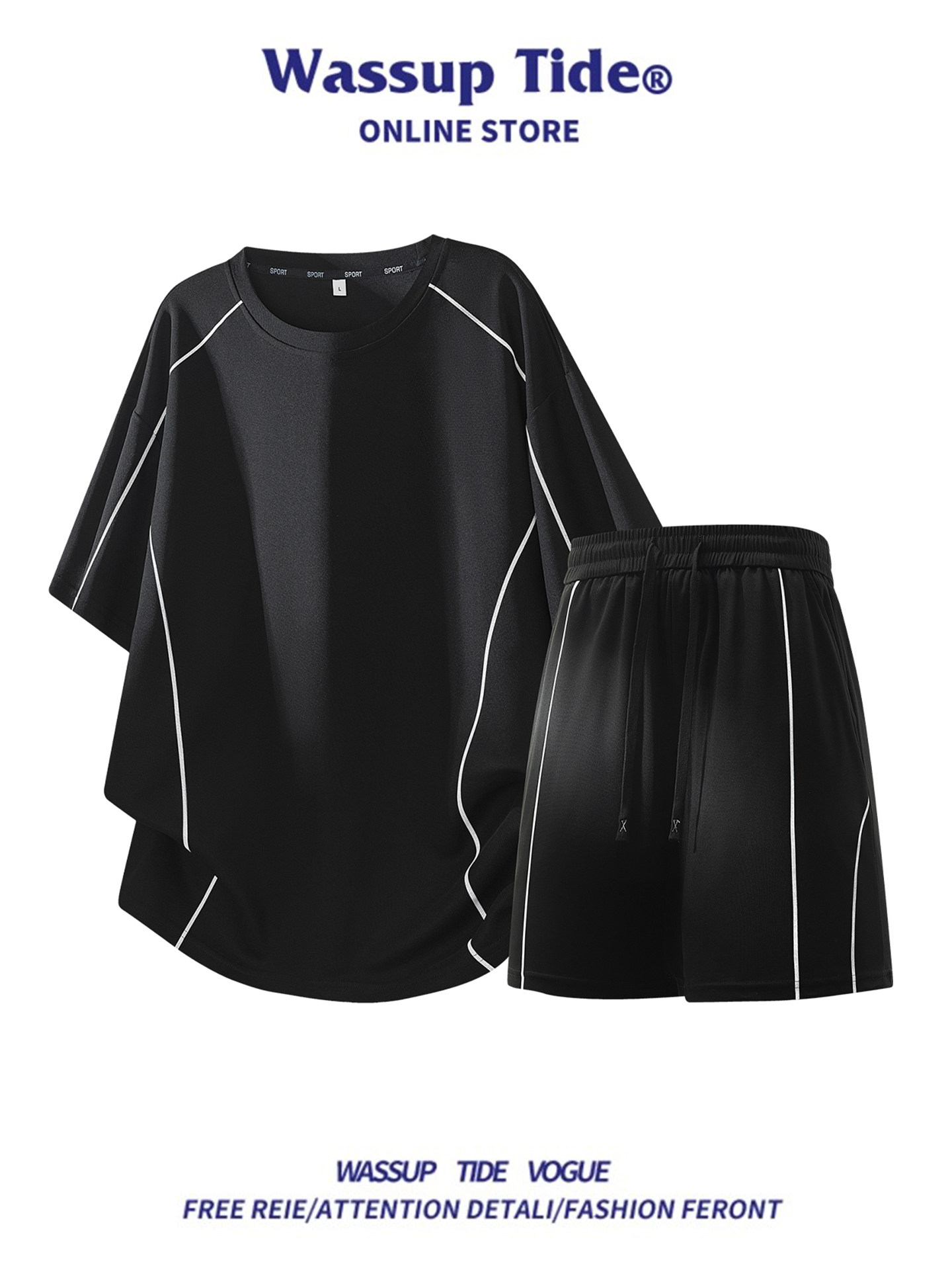Wassup Tide Light Sports Style Black Topstitched Short-Sleeved T-Shirt Men's Summer Shorts Breathable Suit Trendy Outfit