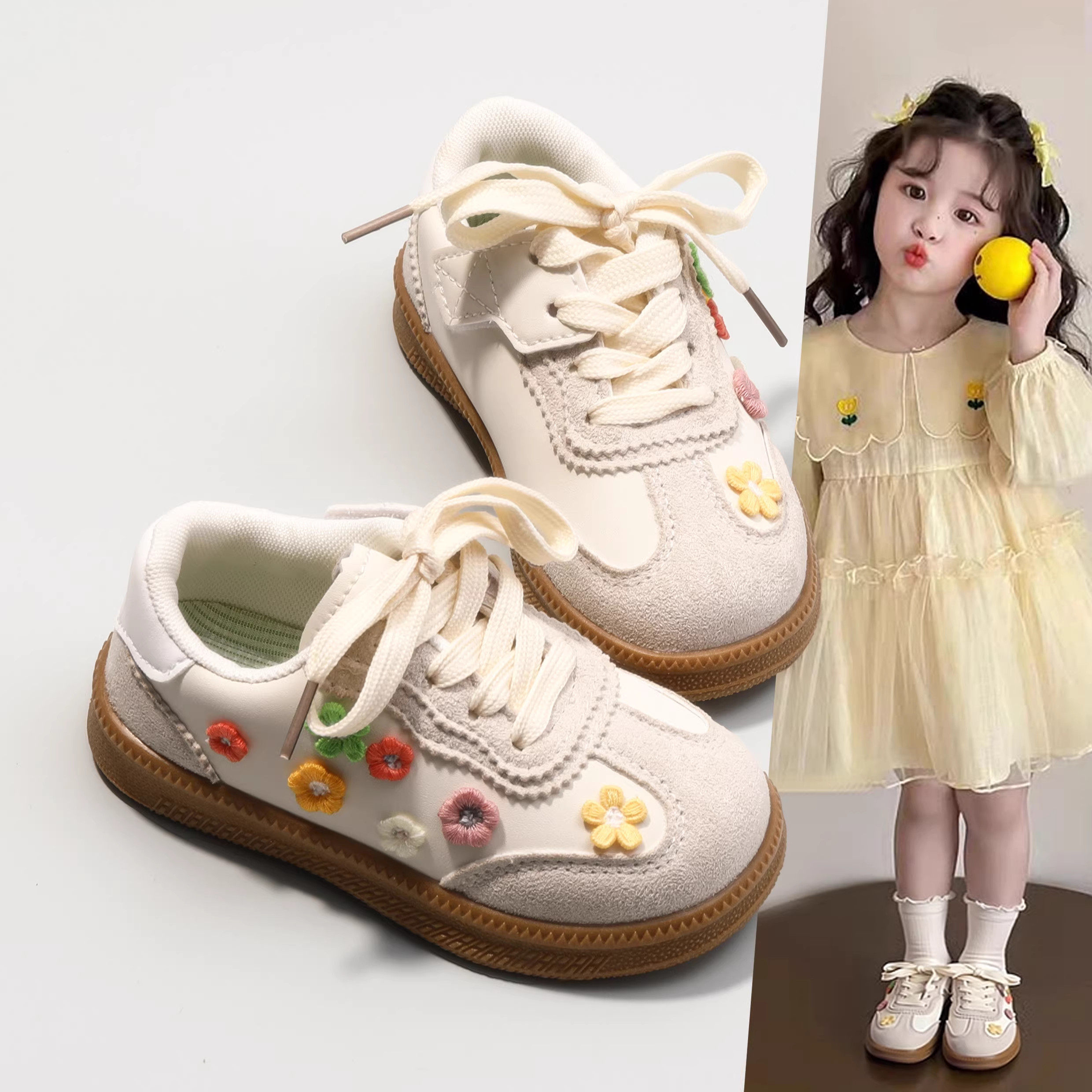 女童运动鞋花朵2026新款春秋儿童公主板鞋软底男童鞋子透气休闲鞋