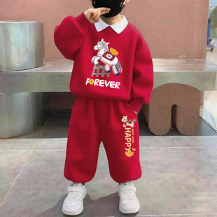 男女童元旦演出服2026新年喜庆童装卫衣儿童春节红色套装拜年服潮