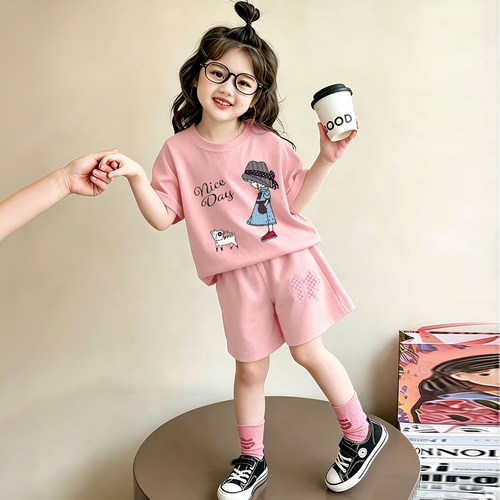 女童纯棉夏装套装薄款夏日新款洋气女宝宝短袖短裤两件套儿童衣服