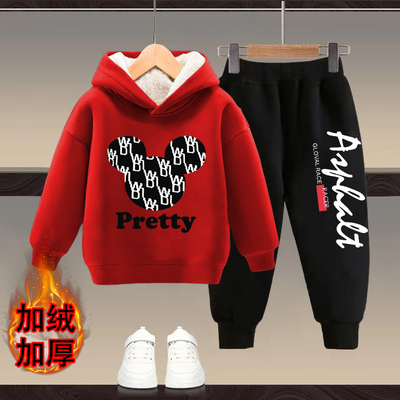 儿童秋冬装加绒卫衣套装童装男女童新款加厚中小童连帽上衣两件套