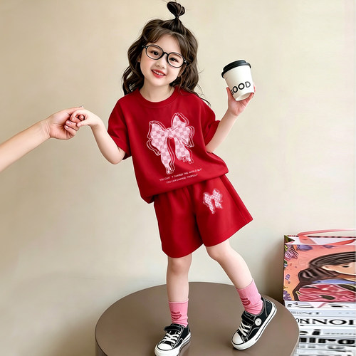 女童纯棉夏装套装薄款夏日新款洋气女宝宝短袖短裤两件套儿童衣服