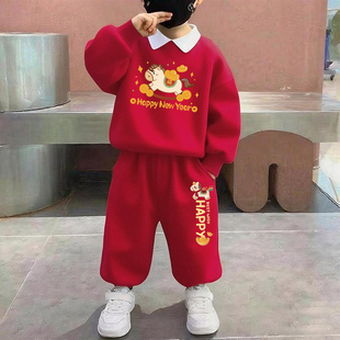 男女童元旦演出服2026新年喜庆童装卫衣儿童春节红色套装拜年服潮