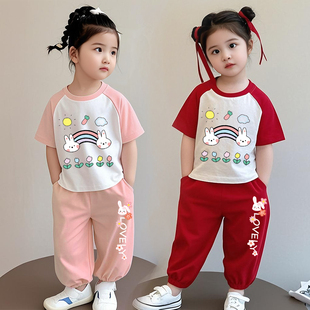 儿童纯棉夏装套装女童2026新款女宝宝外出炸街短袖休闲运动两件套