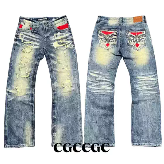 American Heavy Metal Death Rock Loose Fit Bootcut Straight-Leg Pants Heavy-Duty Washed Distressed Patchwork Straight-Leg Jeans