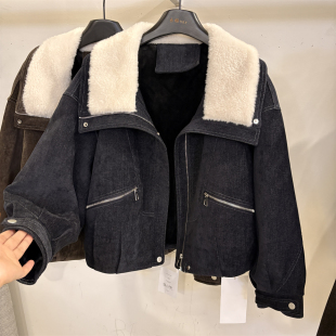 高端欧货羊羔毛翻领领牛仔派客服女2026冬季新款加厚拉链保暖外套